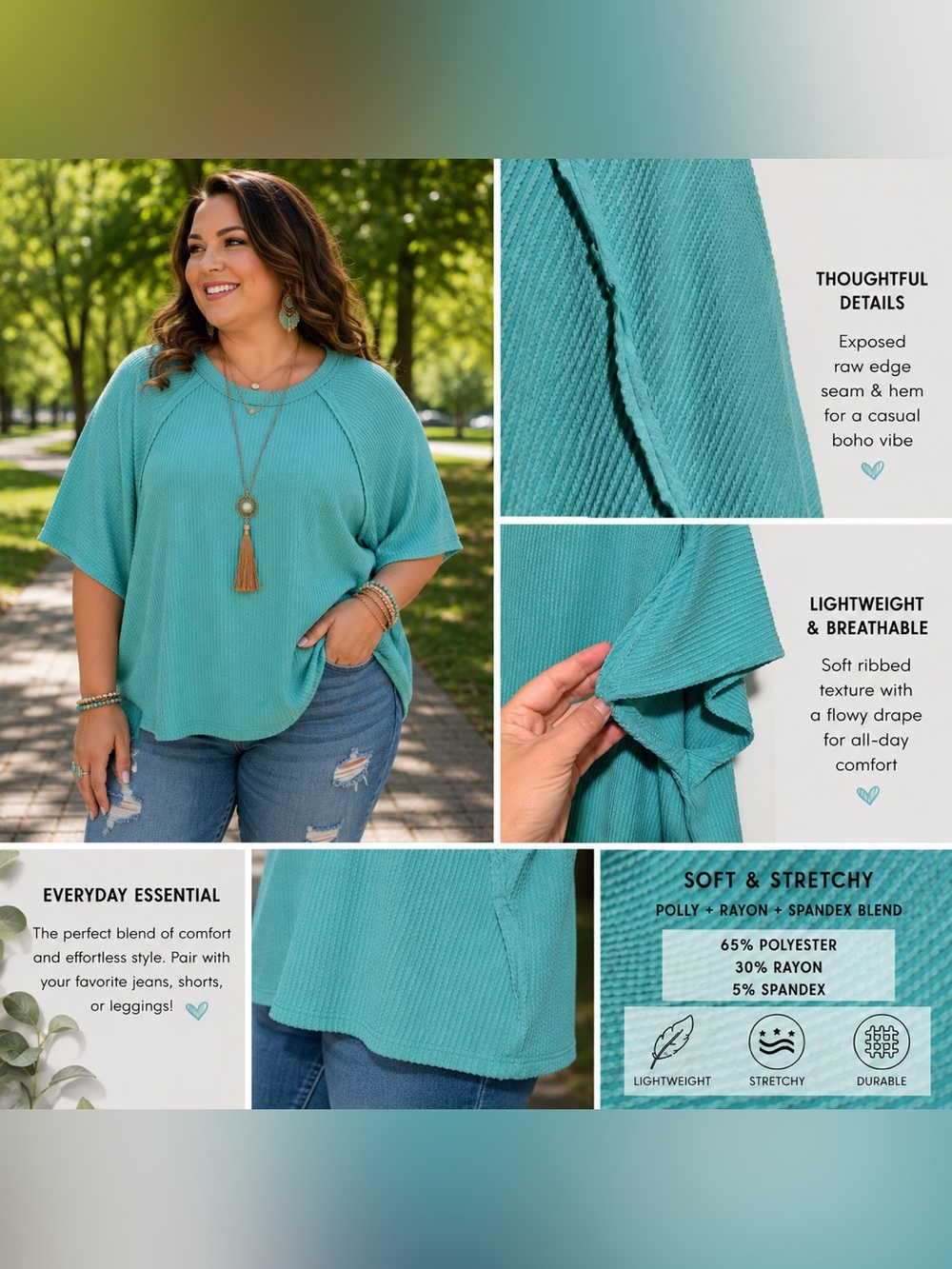 🆕 Aqua Ribbed Oversized Boho Tunic Top Lightweight Stretch 1X 2X 3X - Picture 2 of 3